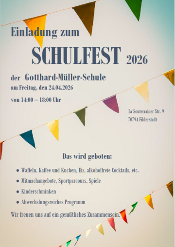 Plakat Einladung zum Schulfest 2026 mit Wimpelkette und Infos